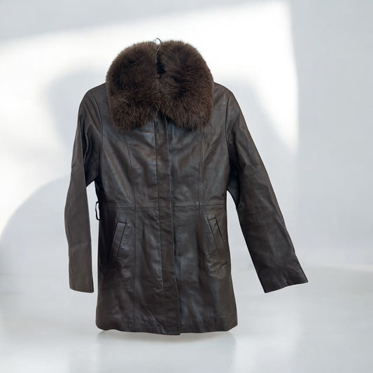 Vintage VIENS Leather Coat with Detachable Fox Fur Collar