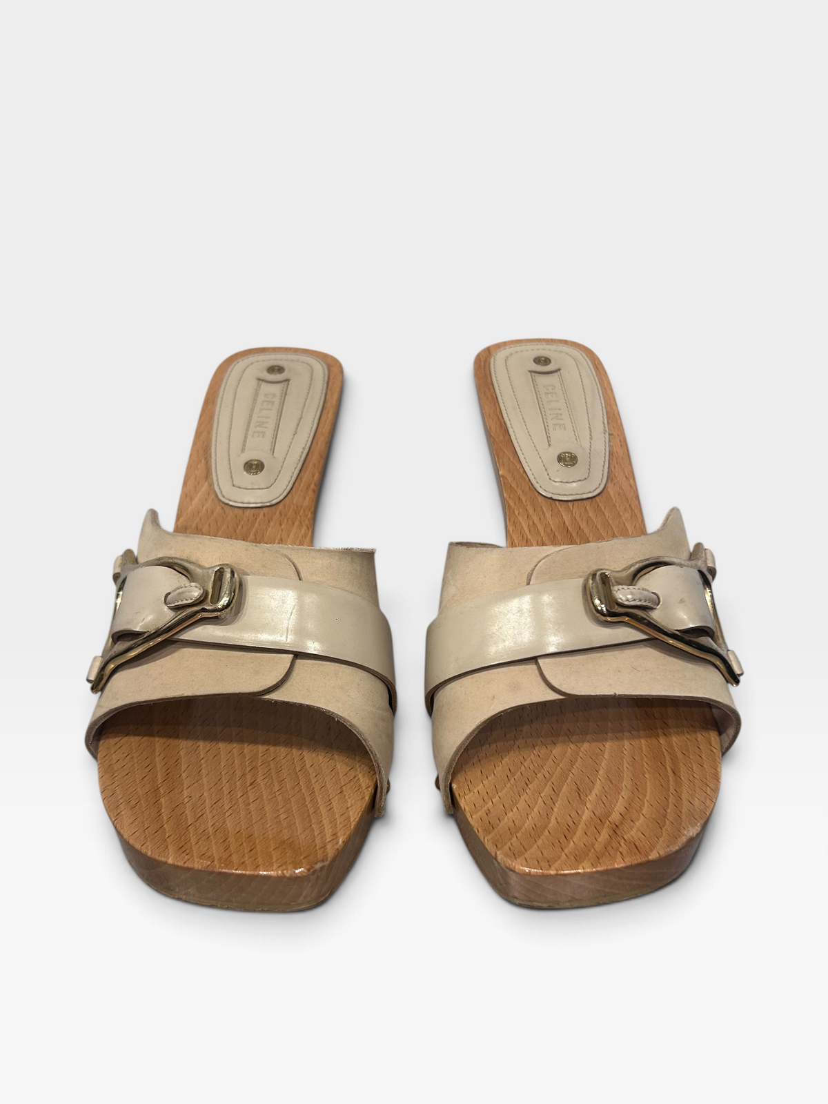 Vintage Celine Leather & Wood Horsebit Mules|Early 2000s