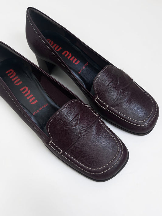 Vintage Miu Miu Burgundy Leather Heel Loafers |Early 2000s