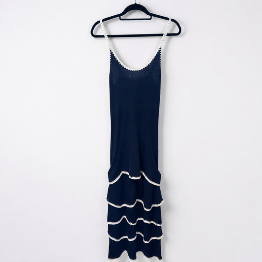 Ramy Brook Navy Crochet Trim Tiered Midi Dress