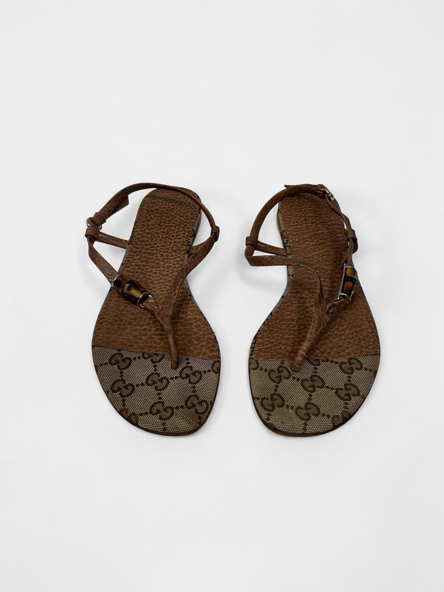Vintage Canvas & Brown Leather Bamboo Thong Sandals |Tom Ford Era Y2K