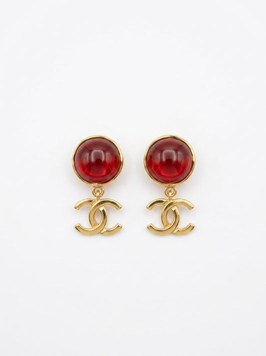 Vintage Chanel Red Cabochon Clip-On Earrings|Spring 1994