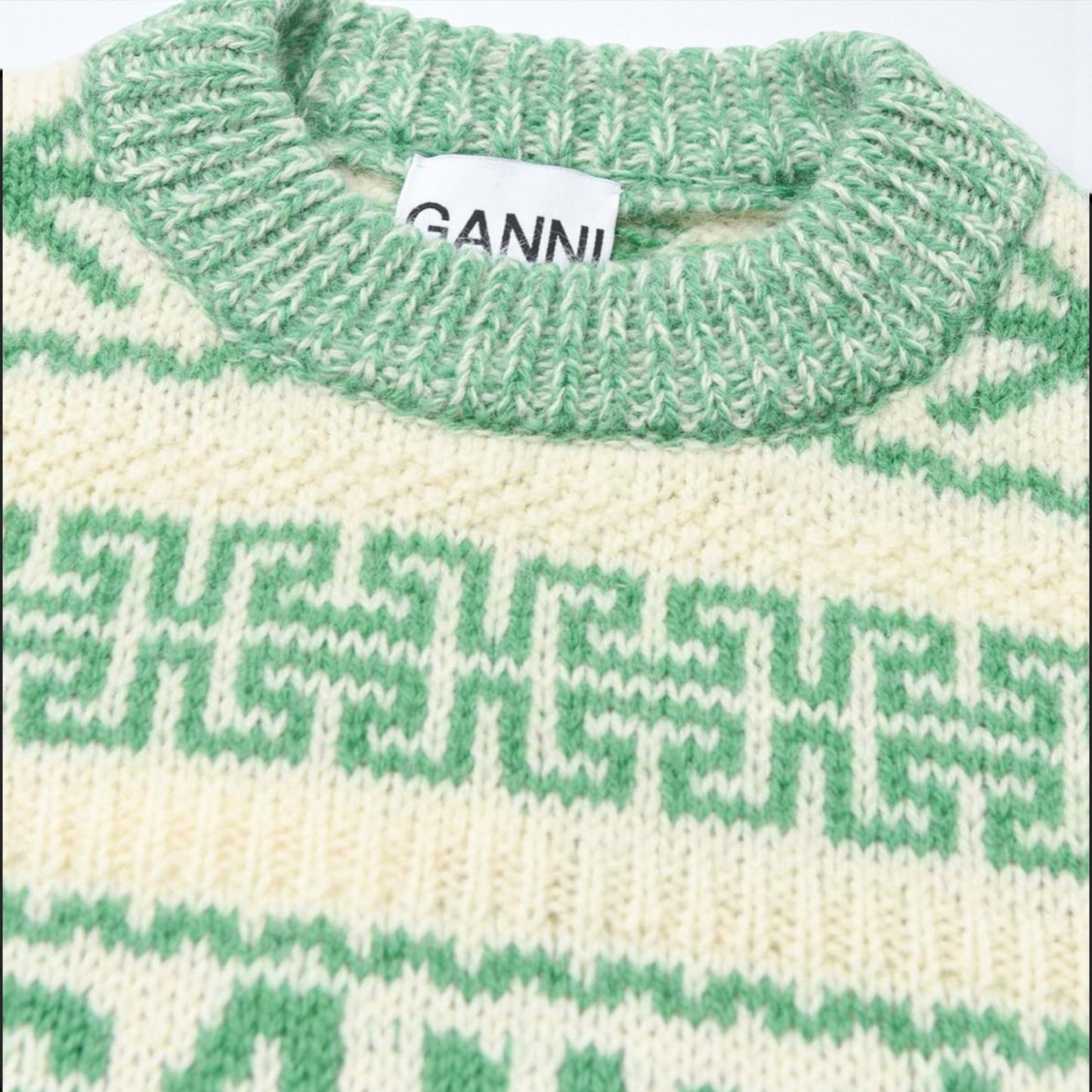 GANNI Green & Cream Logo Knit Sweater