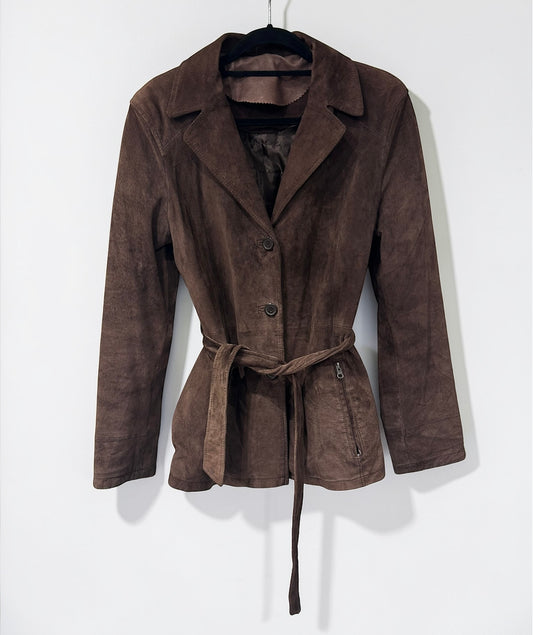 Vintage Brown Suede Belted Leather Jacket – Tailored Fit| Early 2000s