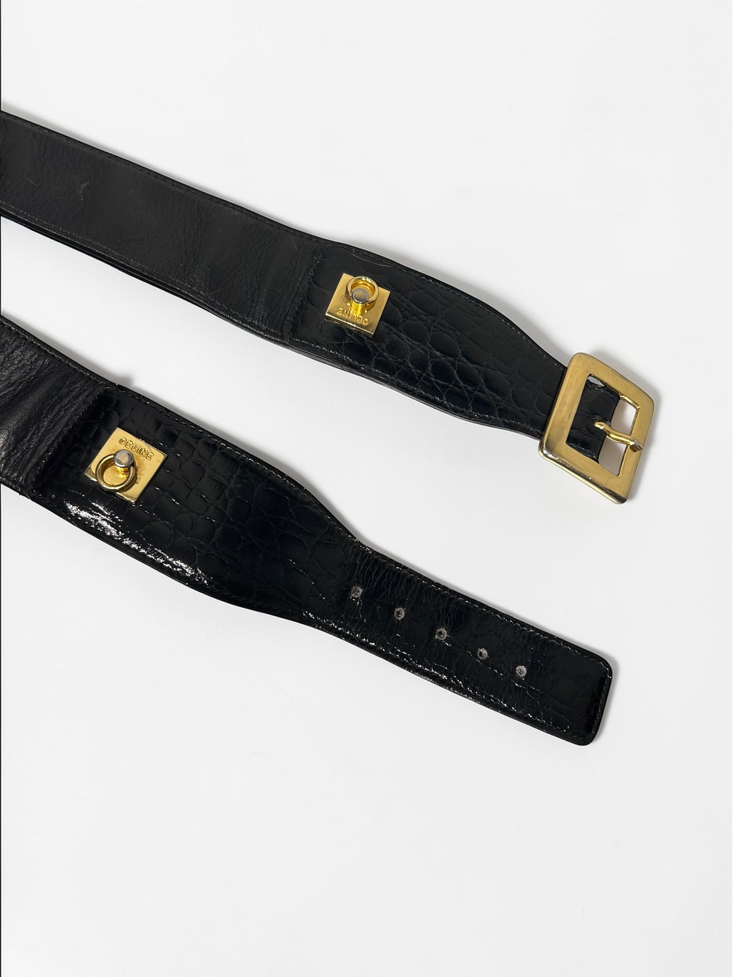 Vintage Celine Black Embossed Leather Waist Belt |1990s