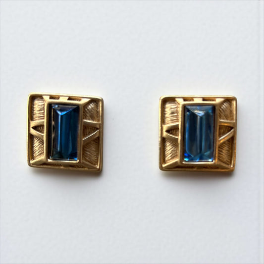 Vintage Givenchy Gold-Plated Clip-On Earrings with Blue Baguette Glass Stone