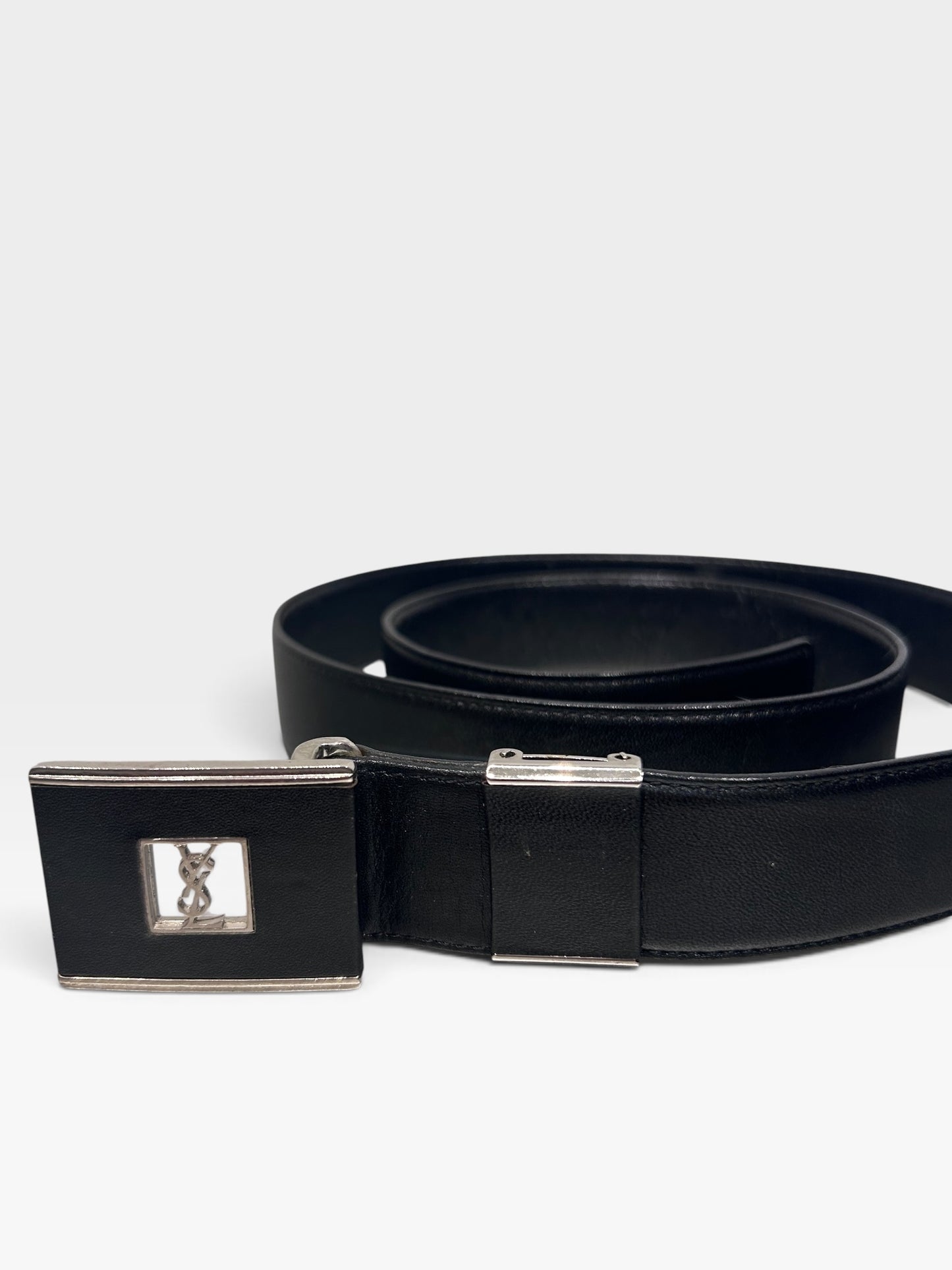 Vintage Yves Saint Laurent Black Leather Logo Belt| 1990s