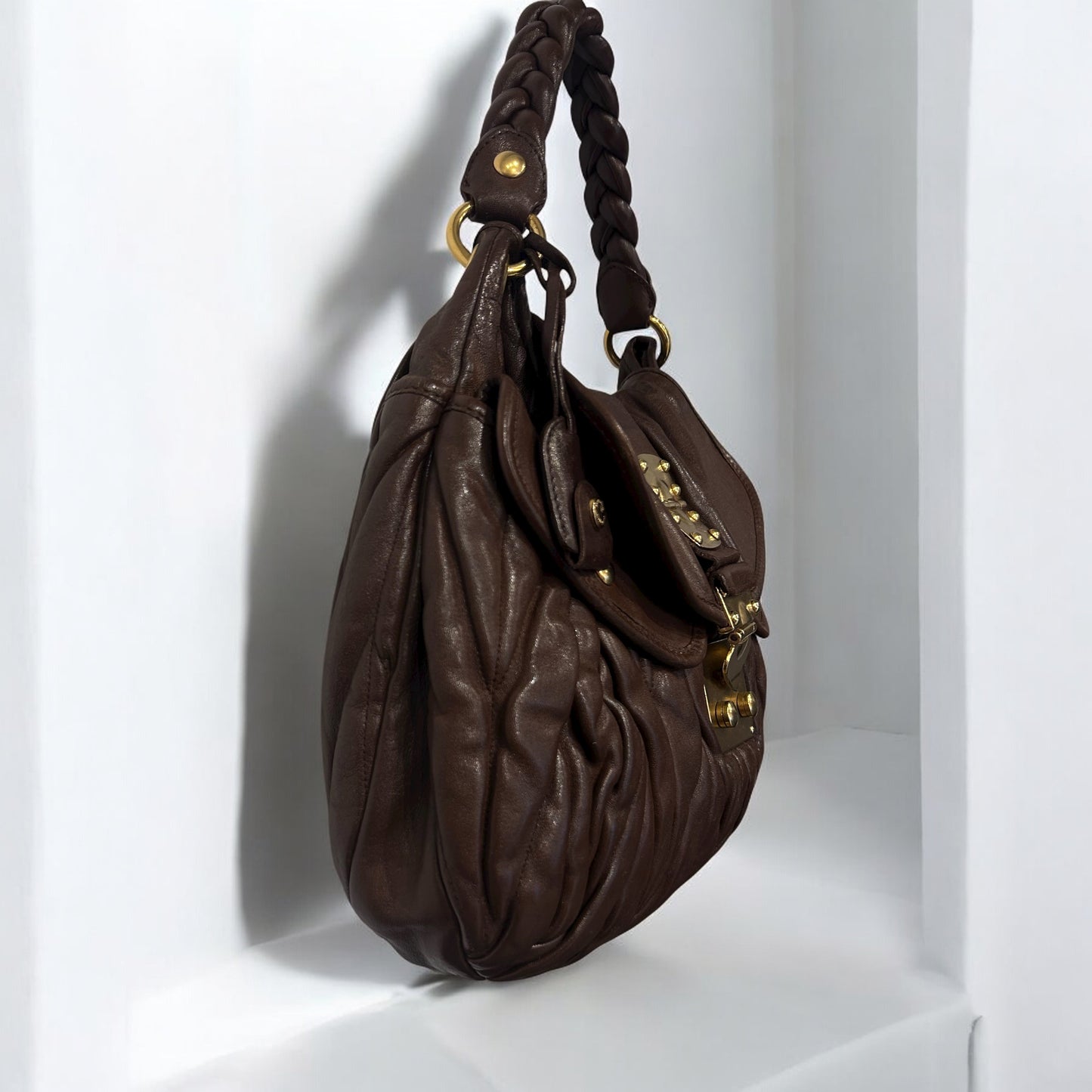 Vintage Miu Miu Matelassé Brown Leather Hobo Bag