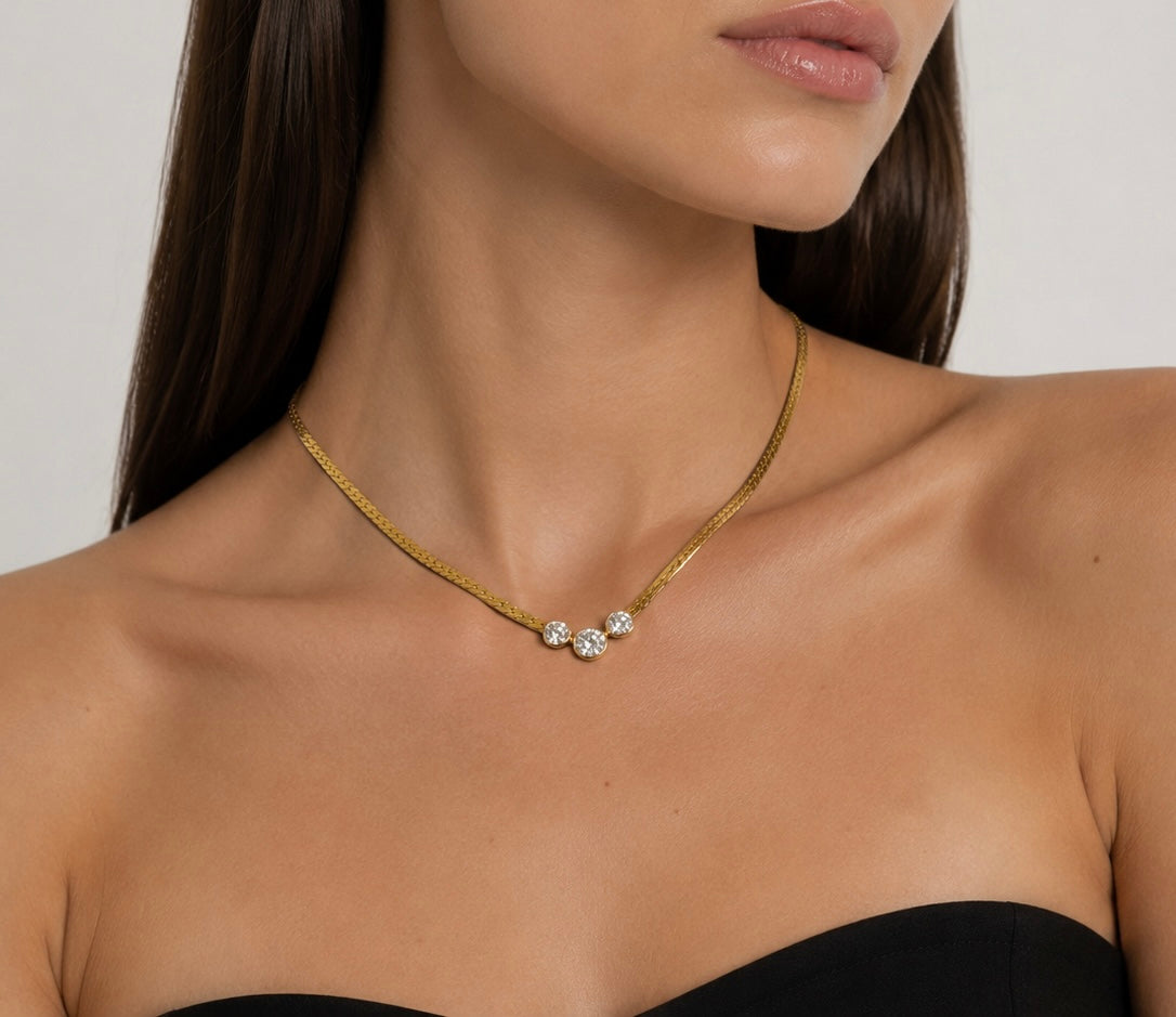 Vintage Gold-Plated Triple Crystal Herringbone Necklace| 1990s