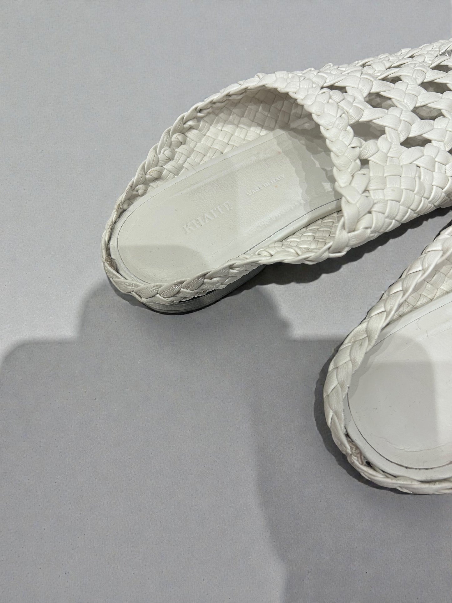 Khaite White Woven Leather Pointed Mules