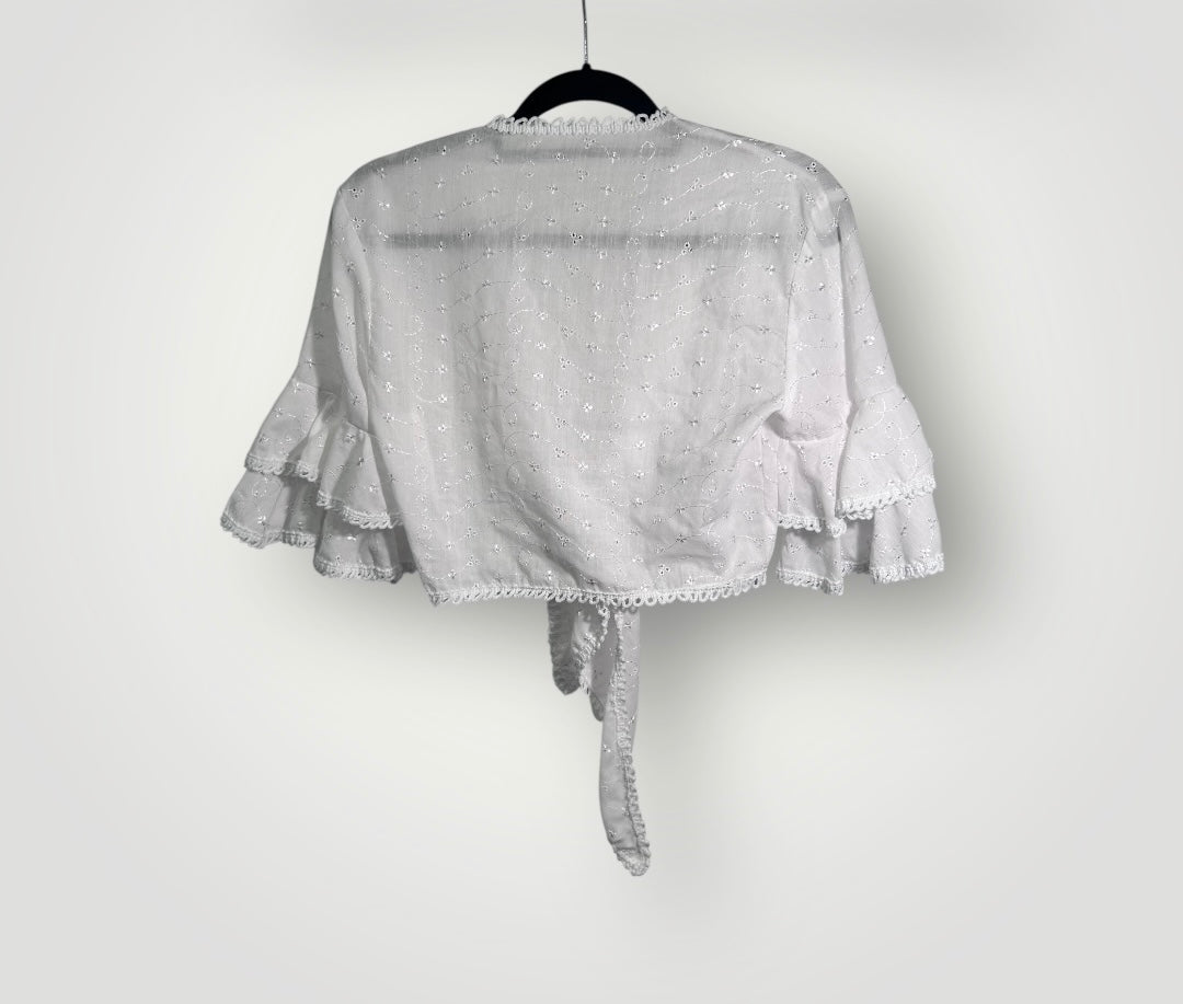 Vintage 100% Cotton White Eyelet Tie-Front Boho Blouse