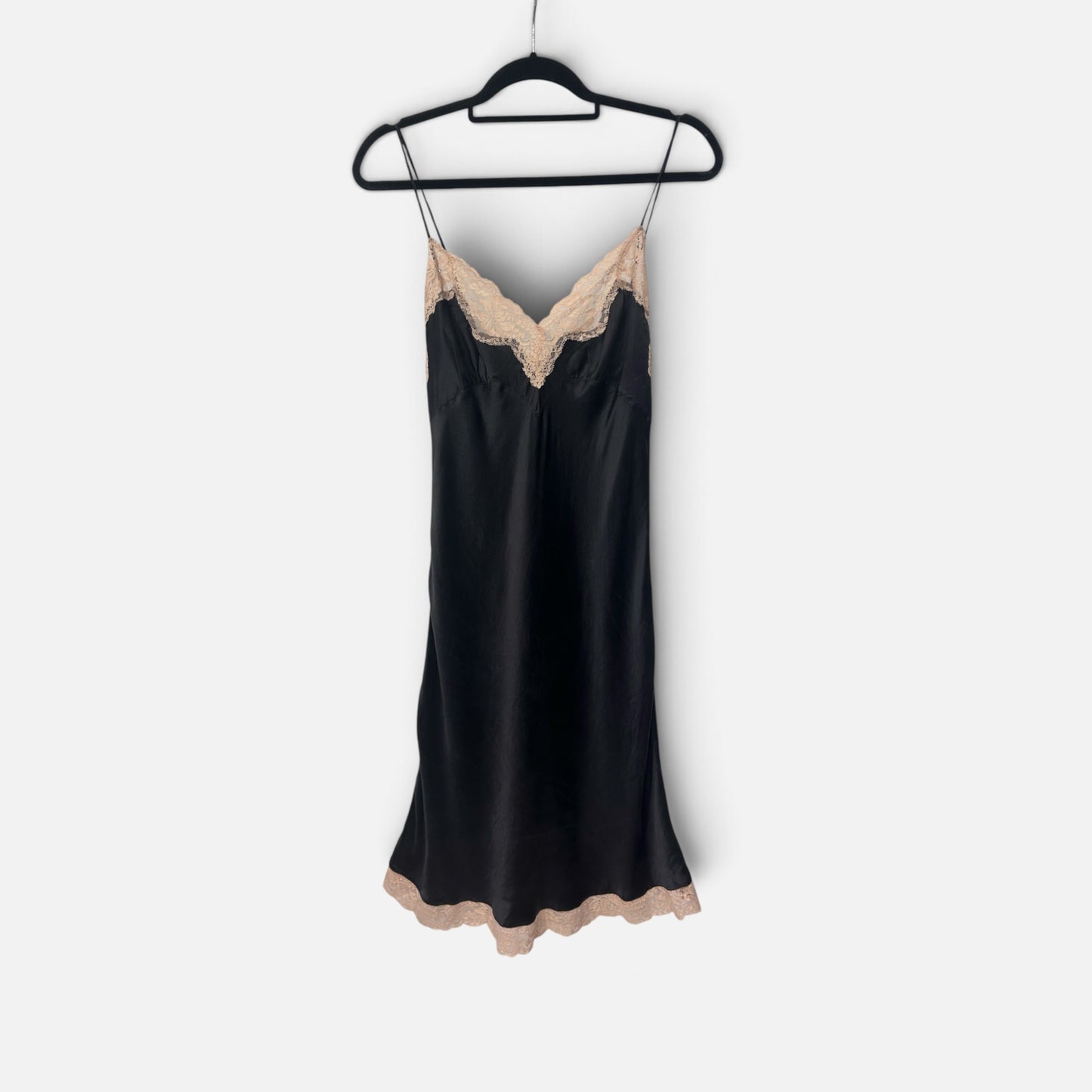 Vintage Black Silk Slip Dress with Lace Trim|Late 1990s