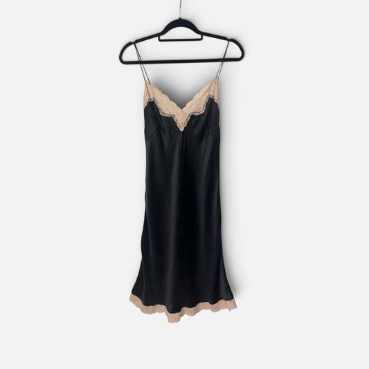 Vintage Black Silk Slip Dress with Lace Trim|Late 1990s