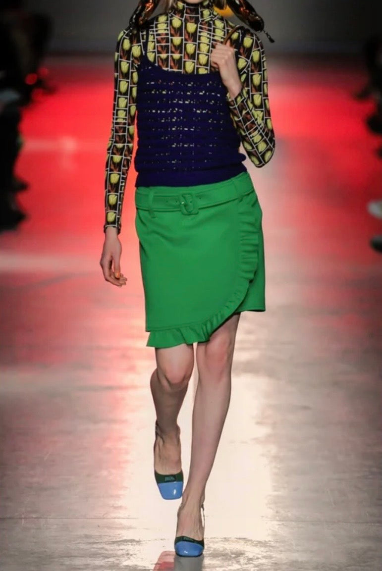 Prada Green Ruffle Trim Mini Skirt |Resort 2019