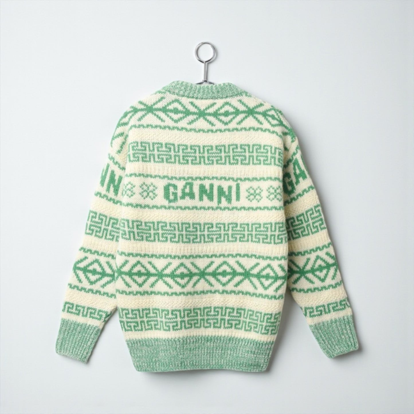 GANNI Green & Cream Logo Knit Sweater