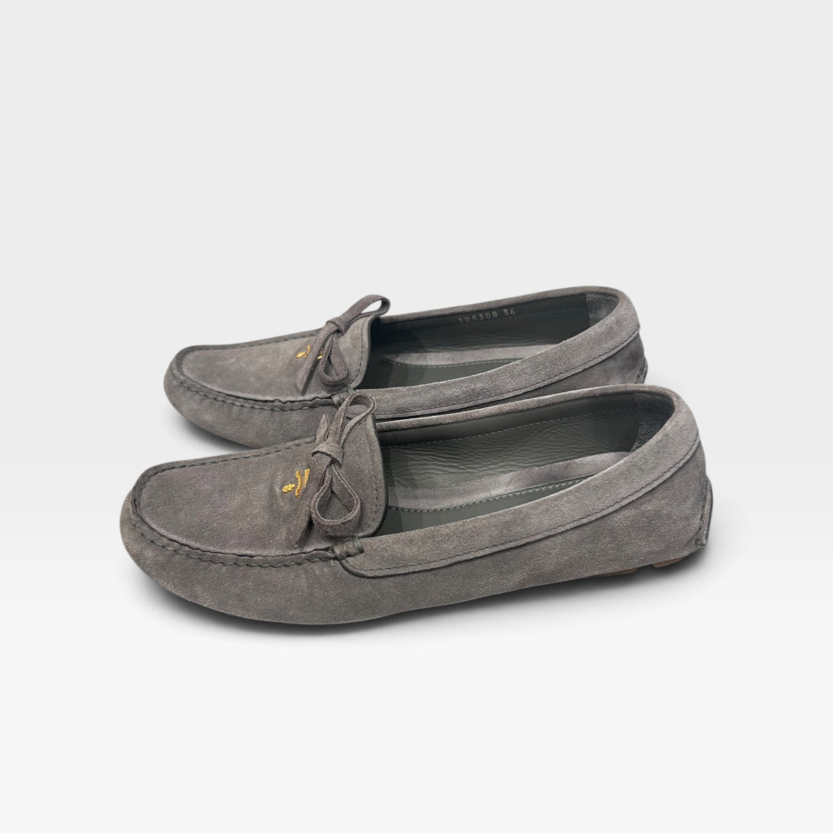 Vintage Prada Grey Suede Bow Loafers | Early 2000s