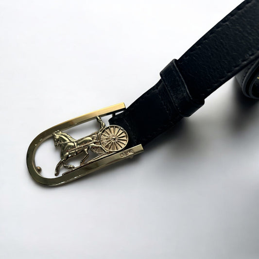 Vintage CÉLINE Black Leather Horse Carriage Belt| Late 1980