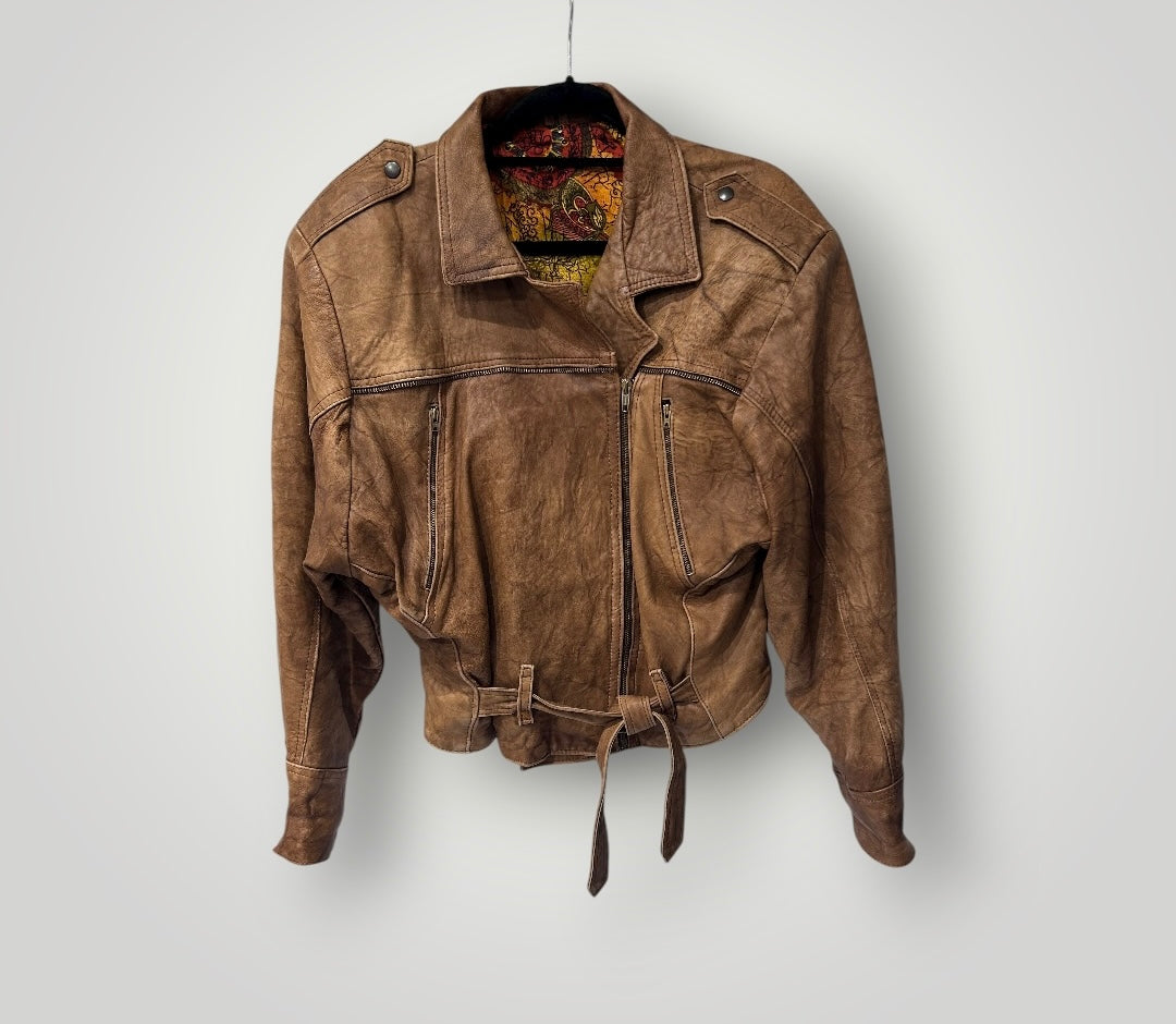 Vintage Distressed Leather Jacket with Printed Lining