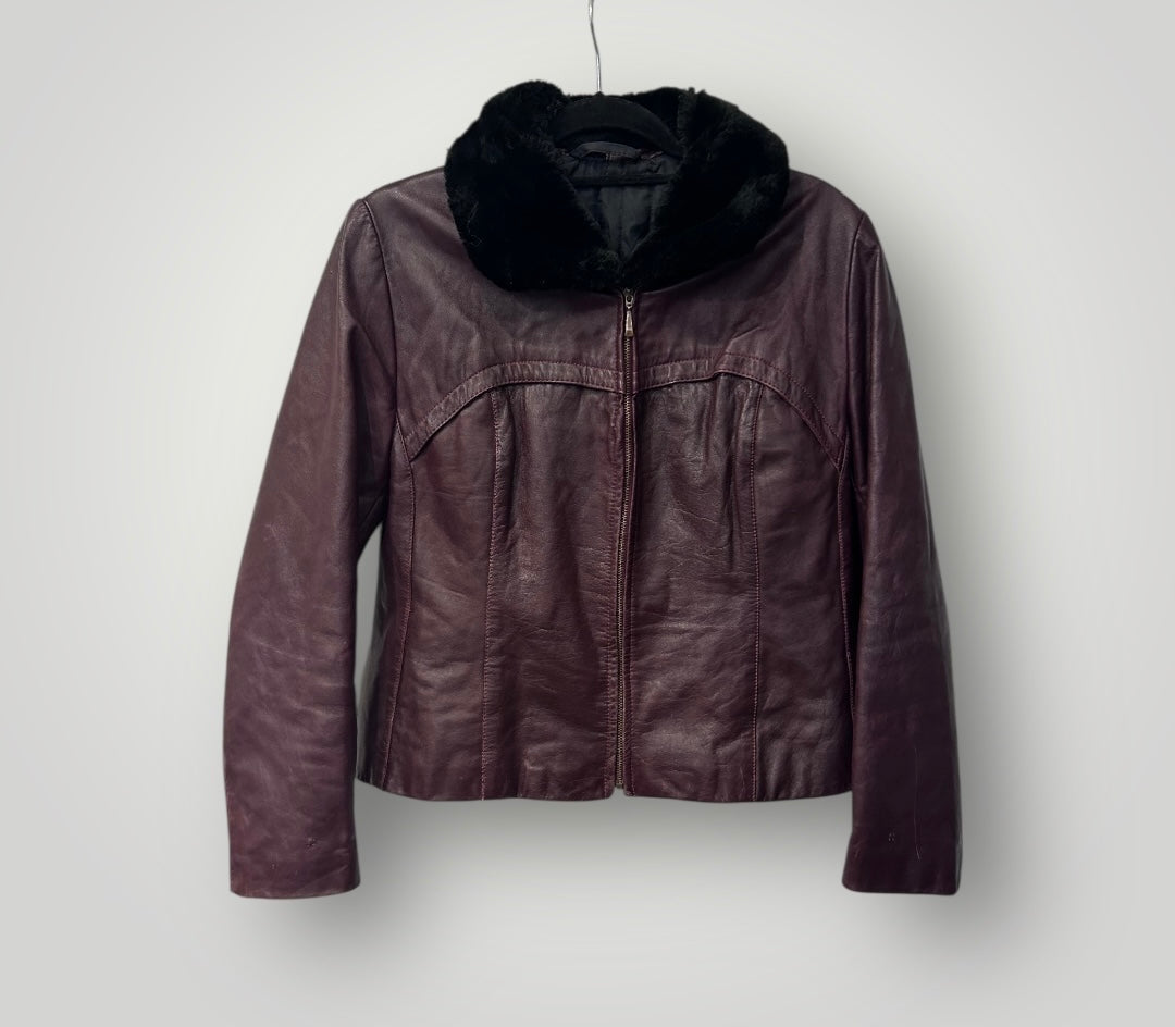 Vintage AALTONEN Burgundy Leather Jacket with Faux Fur Collar