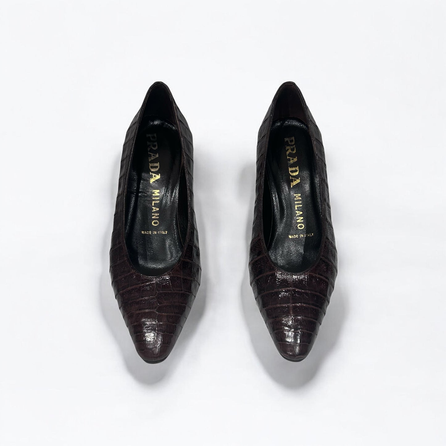 Vintage Prada Milano Croc-Embossed Leather Kitten Heel Pumps |Early 2000s