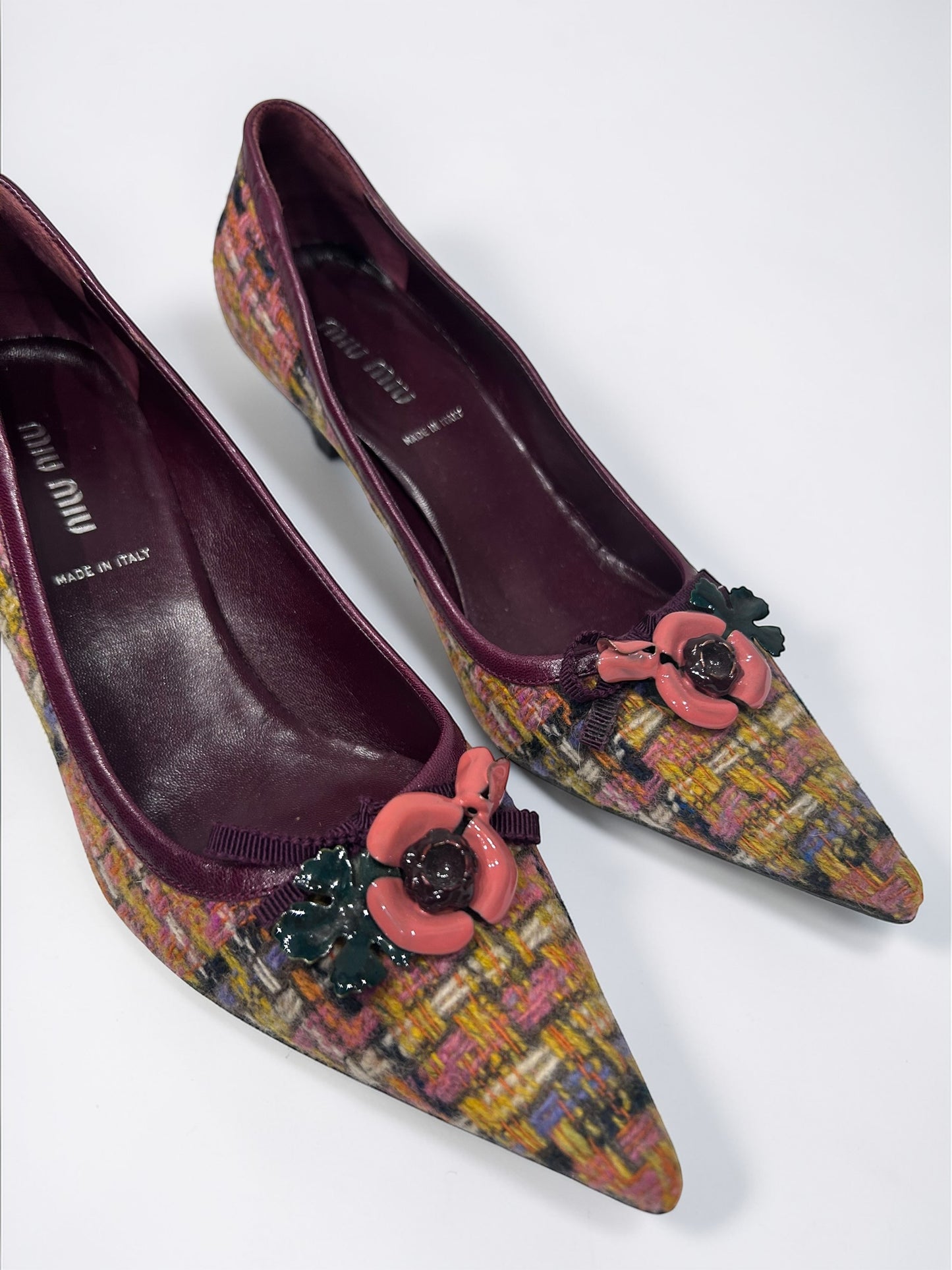 Vintage Miu Miu Tweed Kitten Heel Pumps with Floral Appliqué |Early 2000s