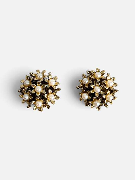 Vintage Gold Plated Floral Pearl Clip-On Earrings| 1990s