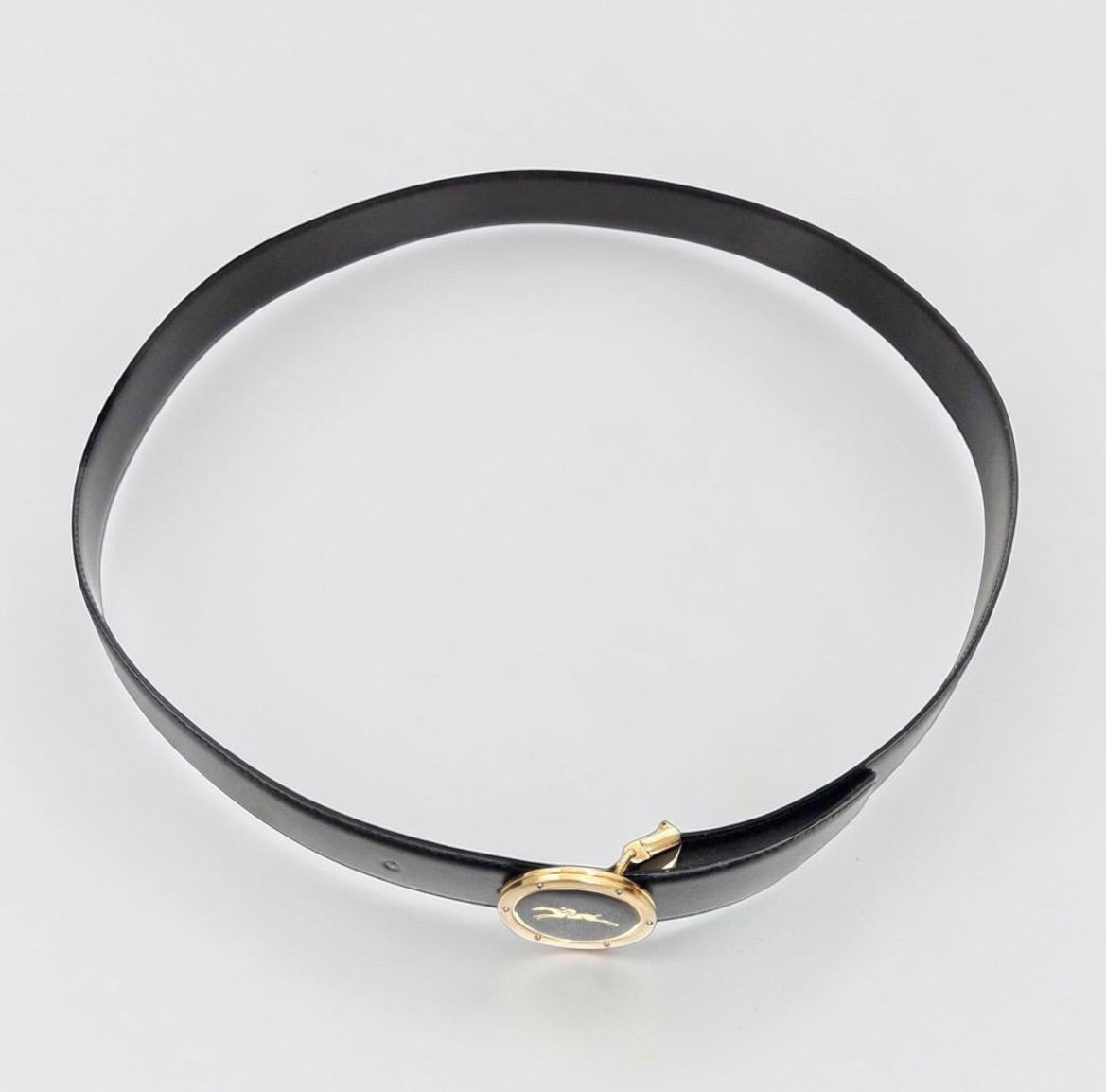 Vintage Longchamp Black Leather Belt with Medallion Buckle | Late 1980s