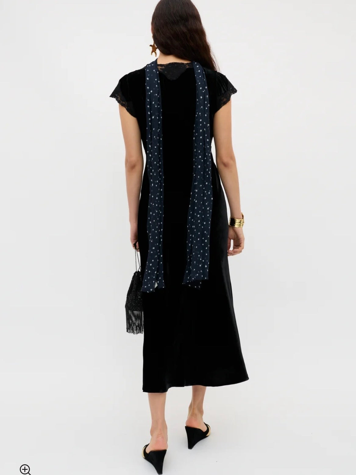 RIXO Amari Black Silk Velvet & Lace Midi Dress