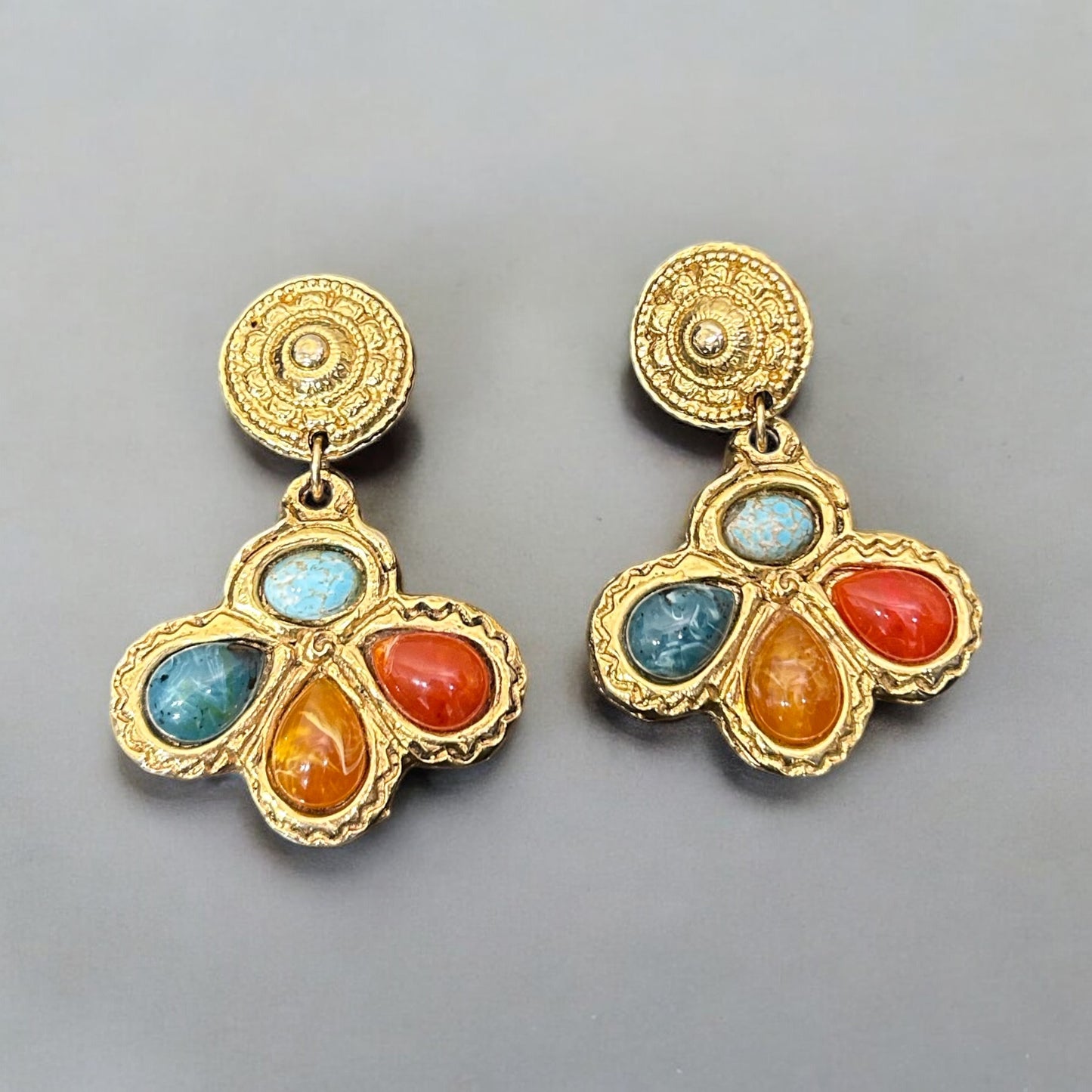 Vintage Gold-Plated Clip-On Earrings with Cabochon Stones