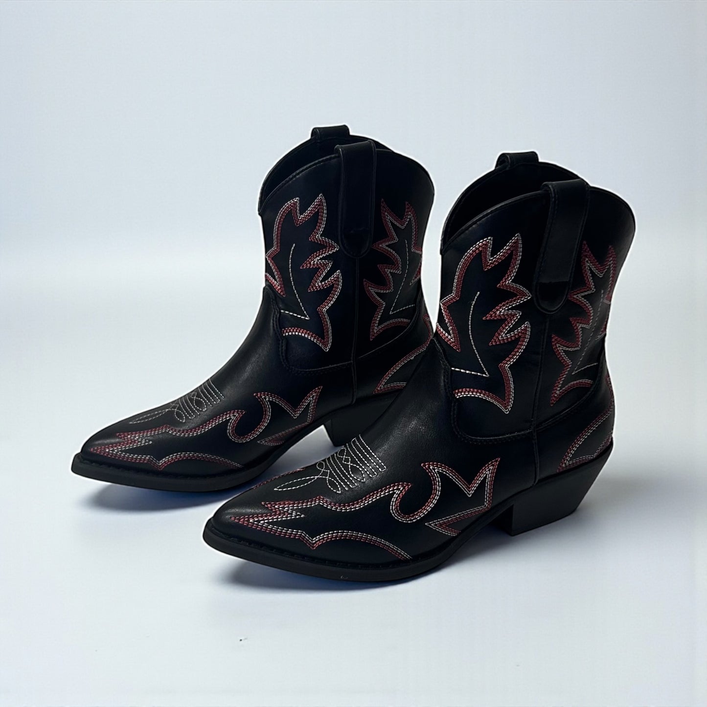 Moussy Black Leather Western Ankle Boots