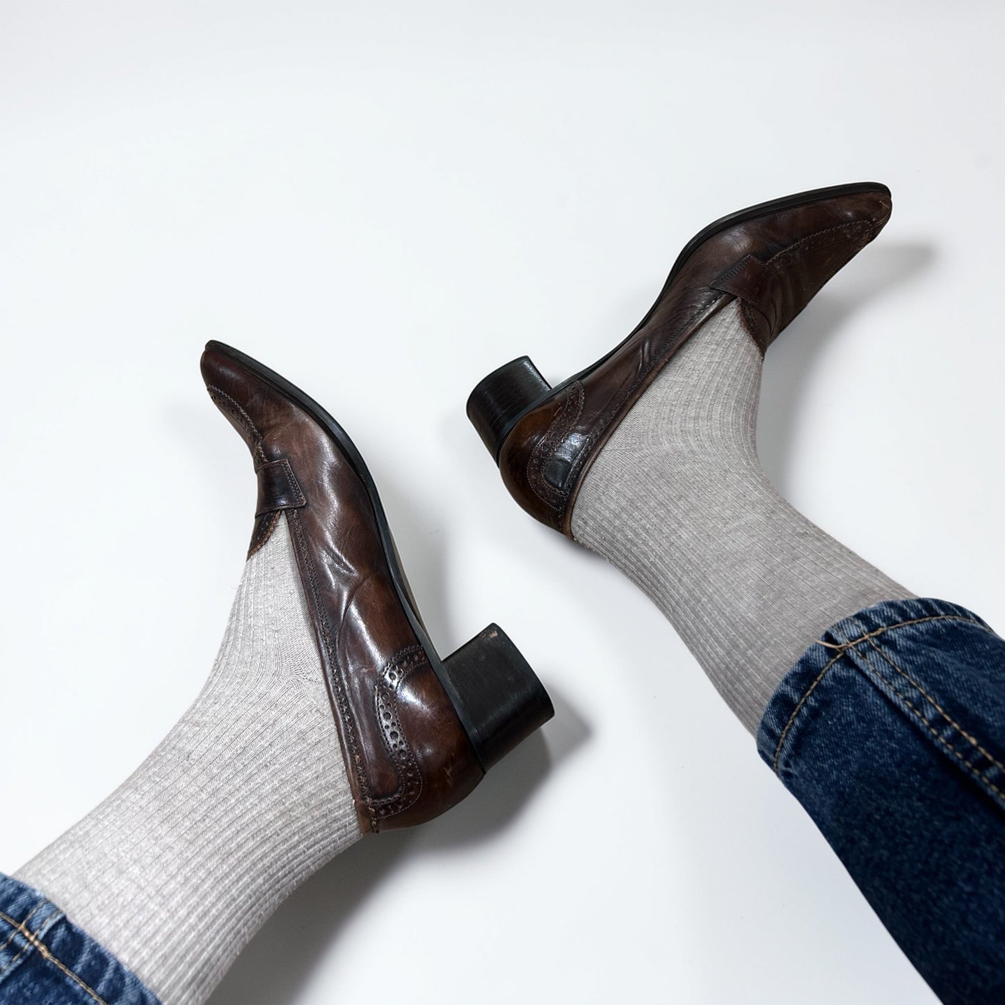 Gabriele Brown Leather Pointed Toe Heeled Loafers| 90s