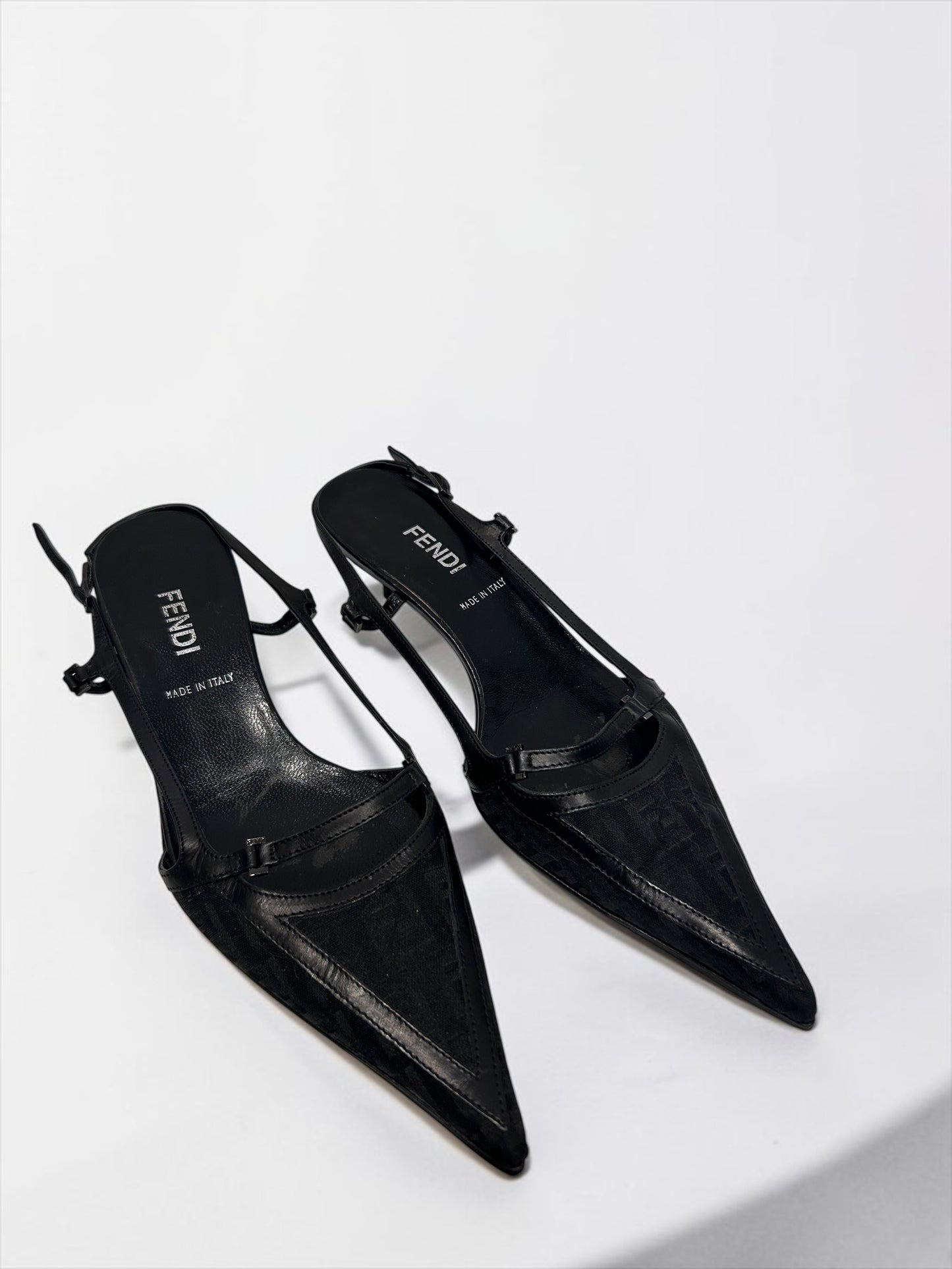 Vintage Fendi Black Zucca Slingback Kitten Heels | Early 2000s