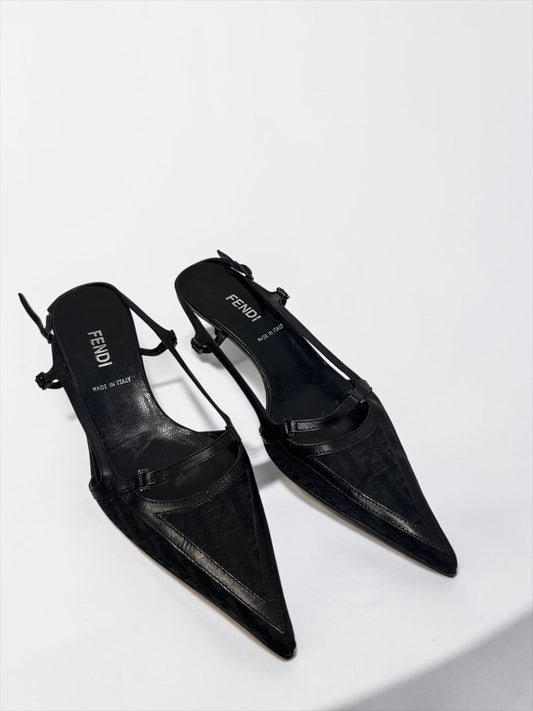 Vintage Fendi Black Zucca Slingback Kitten Heels | Early 2000s