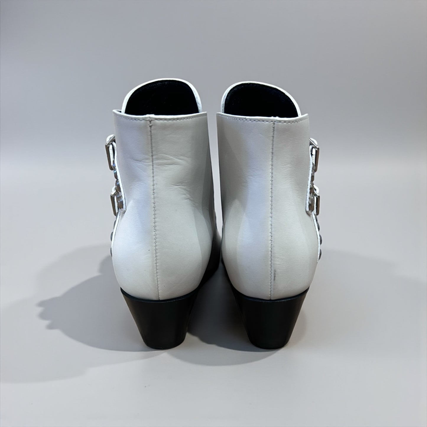 Saint Laurent Paris White Leather Double Buckle Ankle Boots