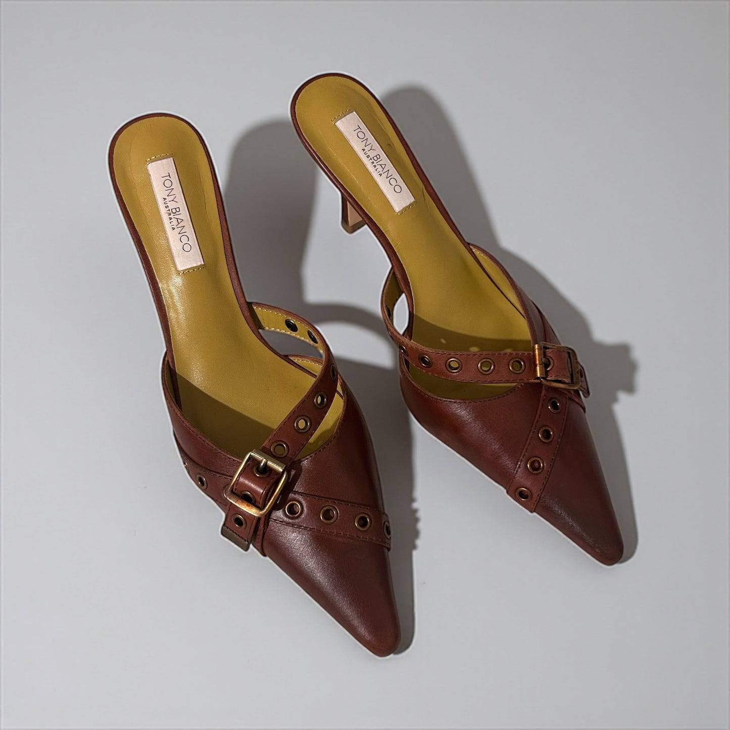 Tony Bianco Brown Leather Studded Mules, Early 2000s