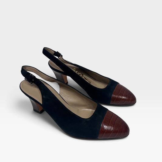 Vintage Salvatore Ferragamo Suede & Croc-Embossed Slingback Heels|Late 1989s