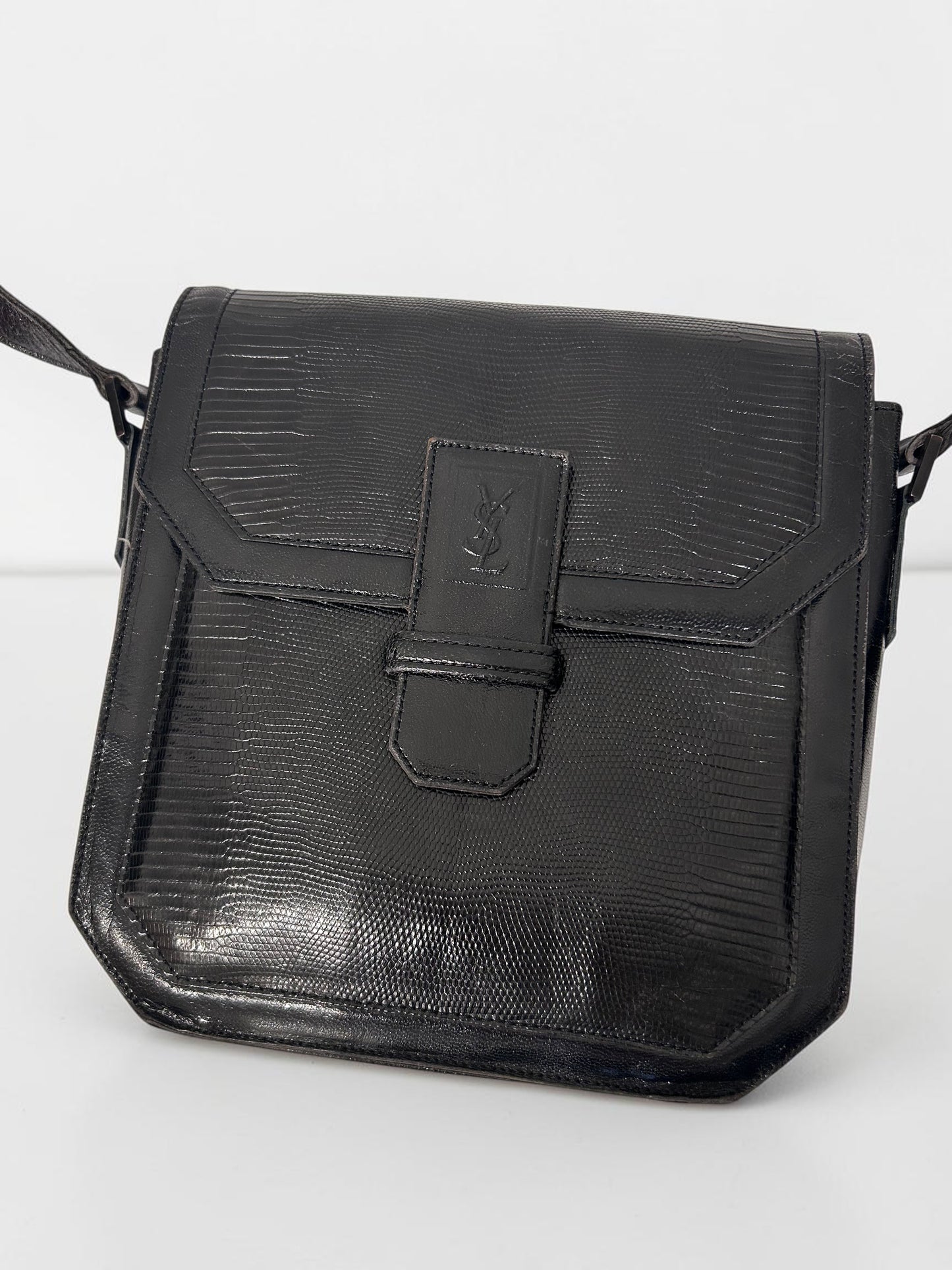 Vintage Yves Saint Laurent Black Embossed Leather Shoulder Bag| Early 1990s