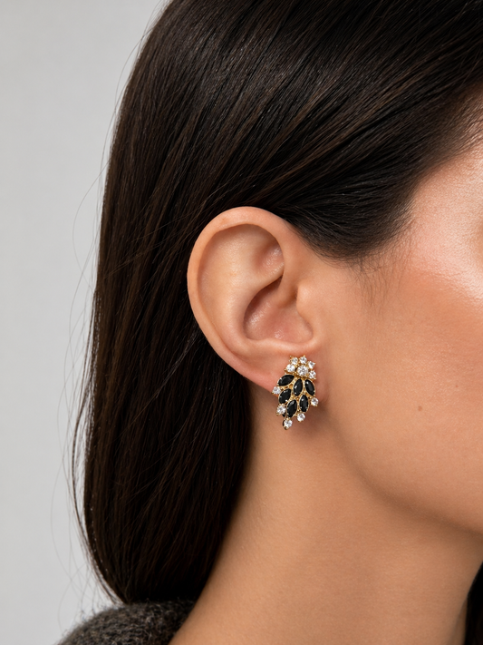 Vintage Gold-Plated Black & Crystal Cluster Clip-On Earrings|90s
