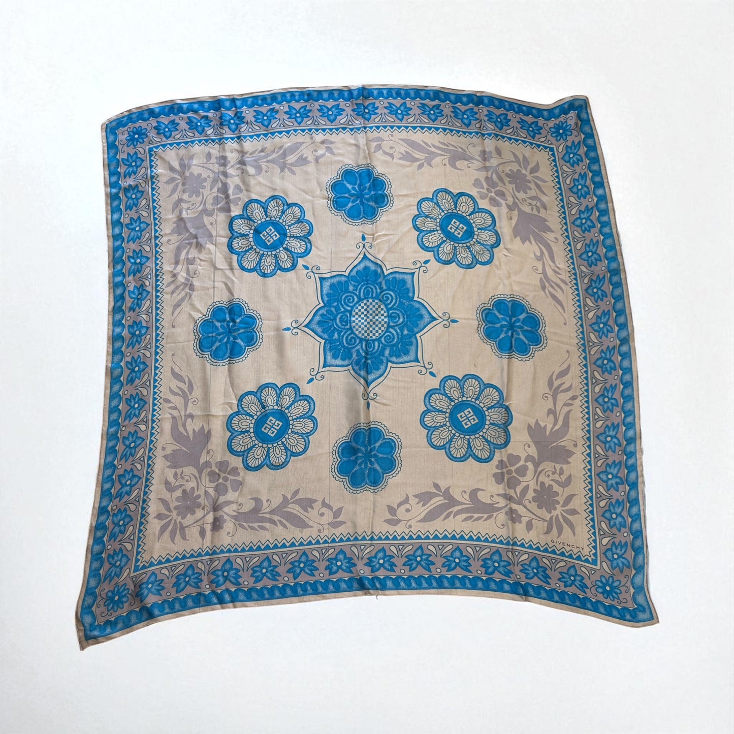 Vintage  Givenchy Silk Floral Scarf in Blue & Beige