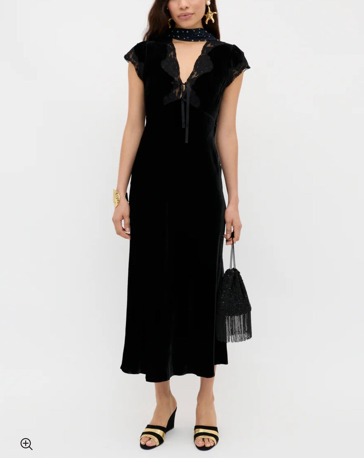 RIXO Amari Black Silk Velvet & Lace Midi Dress