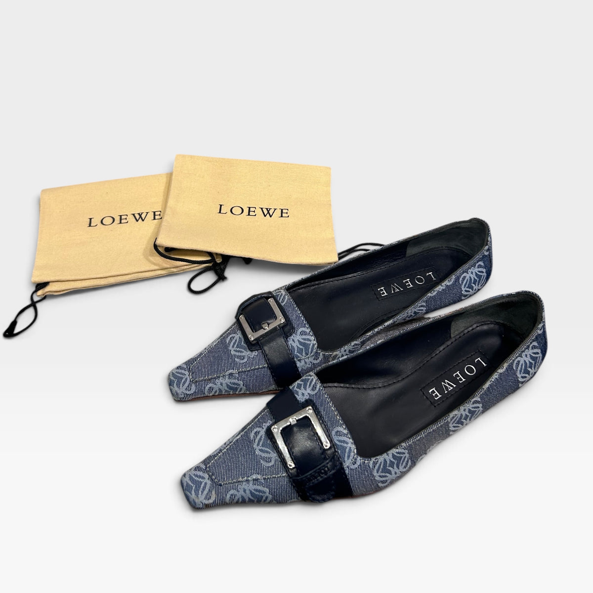 Vintage Loewe Anagram Monogram Buckle Flats | Early 2000s