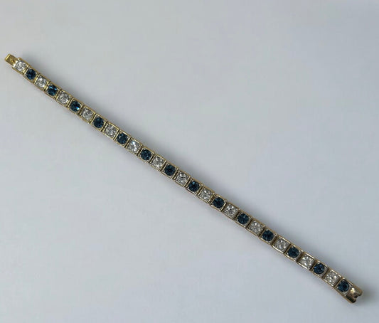 Vintage Gold-Plated Tennis Bracelet with Blue and Clear Stones