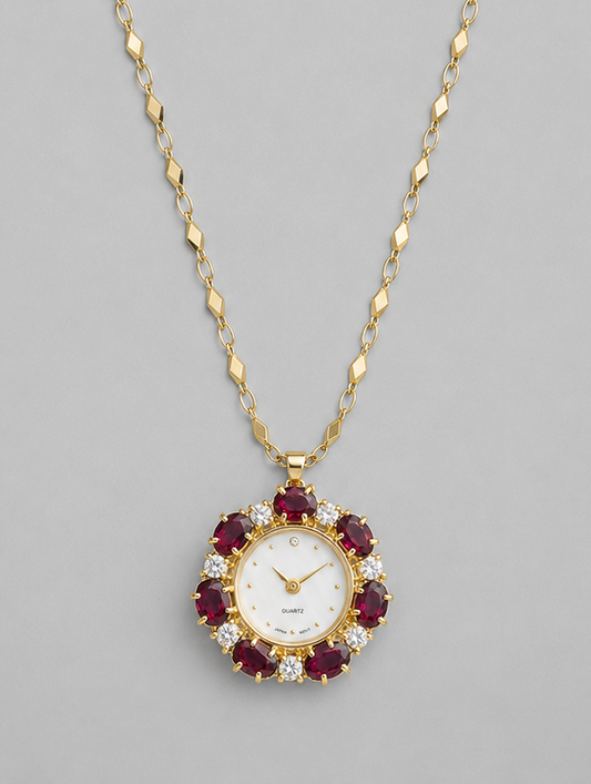 Vintage Ruby-Tone Crystal Pendant Watch on Gold-Plated Chain|Late 1990s