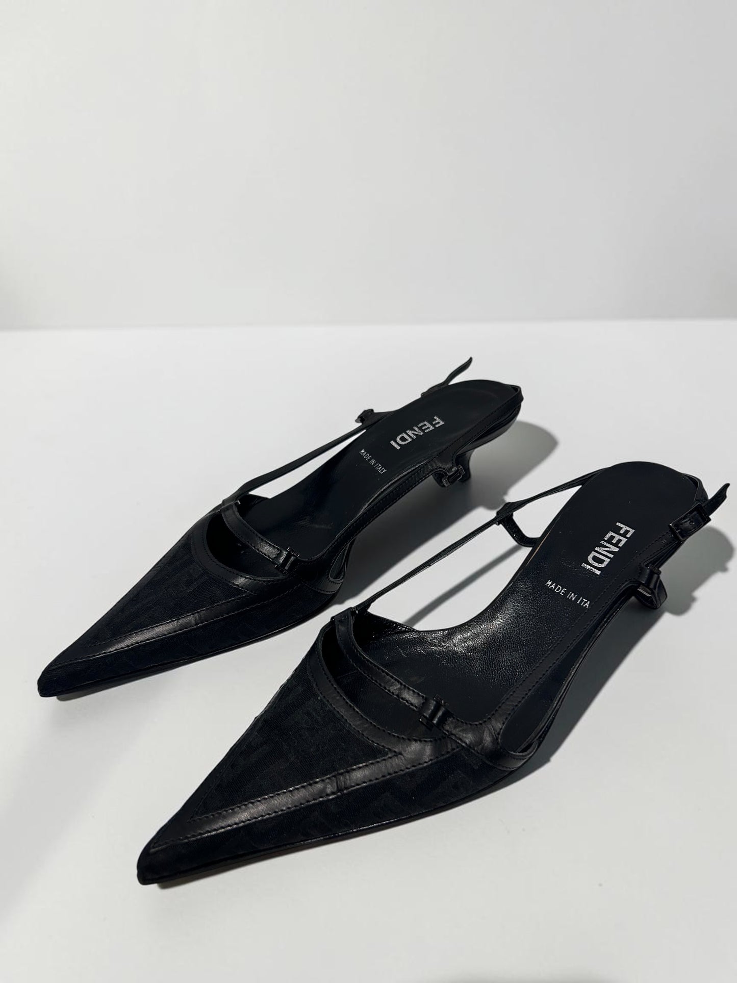 Vintage Fendi Black Zucca Slingback Kitten Heels | Early 2000s