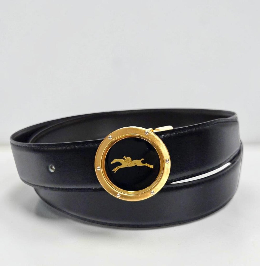 Vintage Longchamp Black Leather Belt with Medallion Buckle | Late 1980s