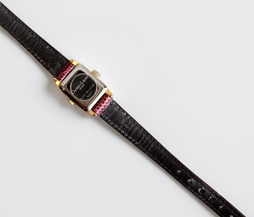 Vintage Demi-Luxe Gold-Plated Rectangular Watch with Burgundy Leather Strap