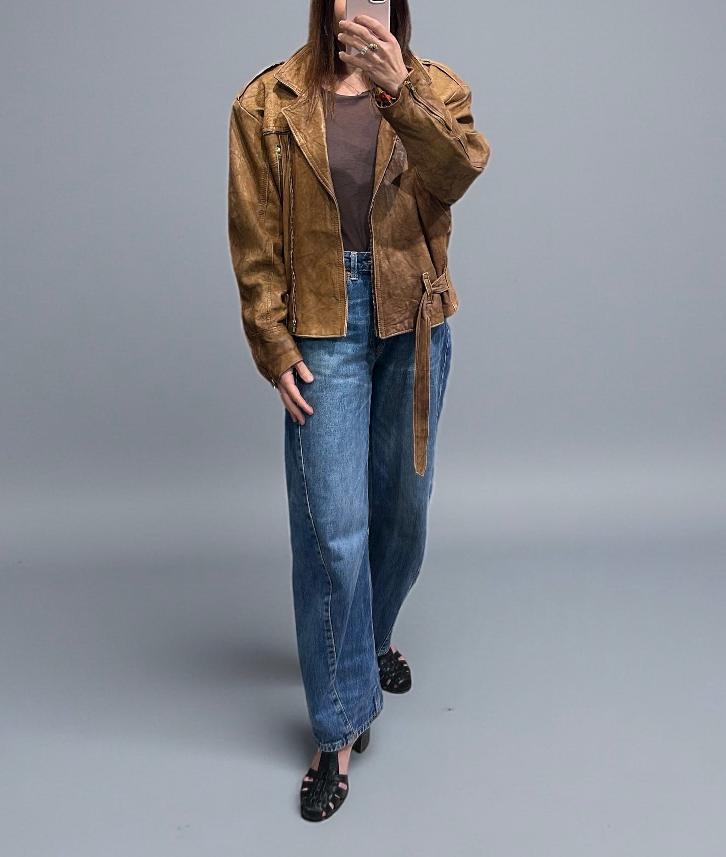 Vintage Distressed Leather Jacket with Printed Lining