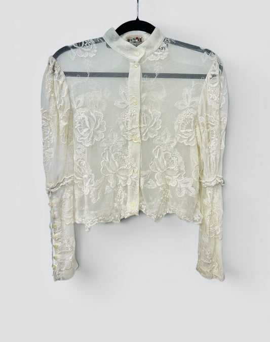 Vintage Romantic Sheer Lace Blouse in Ivory Mesh Embroidery| Early 2000s