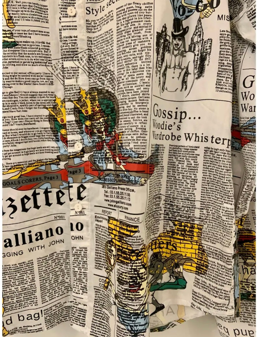 Y2K John Galliano newspaper shirt