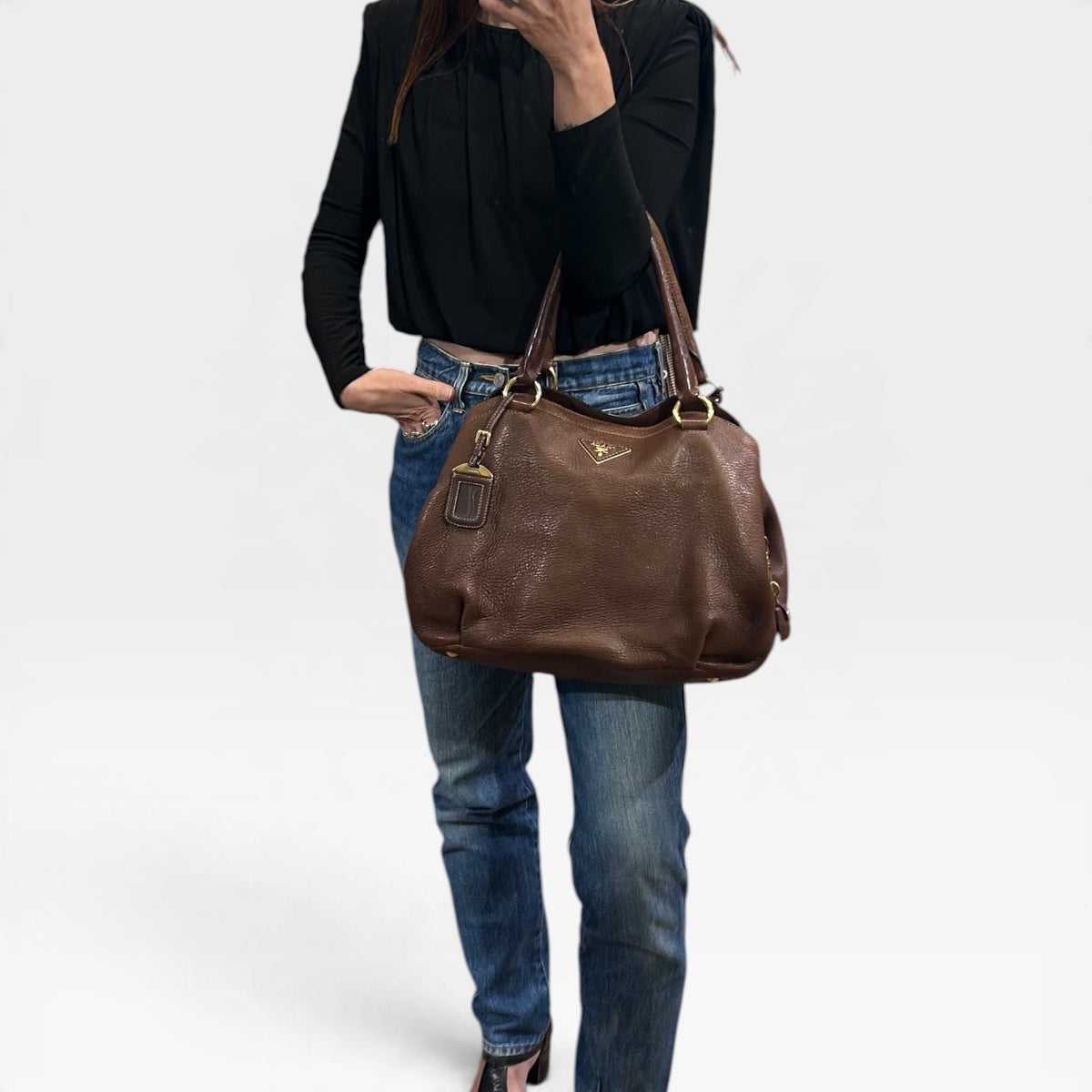 Vintage Prada Brown Leather Shoulder Bag | Early 2000s
‫